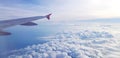 Aerial view of Aircraft or Airplane wing flying on sky and beautiful white clouds and copy space Royalty Free Stock Photo