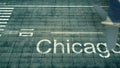 Aerial view of an airplane arriving to Chicago airport. Travel to United States 3D rendering Royalty Free Stock Photo