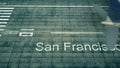 Aerial view of an airplane arriving to San Francisco airport. Travel to United States 3D rendering