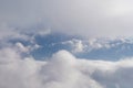 Aerial view from airplane of rain clouds and blue sky