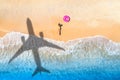 Aerial view of airplane shadow, woman, swim ring, beach, sea