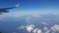 Aerial view from airplane window of beautiful clouds and blue sky