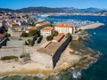 Aerial view of Ajaccio, Corsica, France. The harbor area and city center seen from the sea