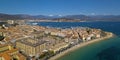 Aerial view of Ajaccio, Corsica, France. The harbor area and city center seen from the sea