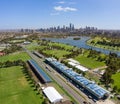 Aerial view of the Albert Park F1 Grand Prix circuit with the lake and Melbourne in the background