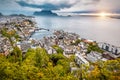 Aerial view on Alesund city in Norway at sunset Royalty Free Stock Photo