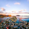 Aerial view of Alesund, Norway at sunrise. Colorful sky