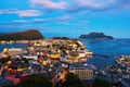 Aerial view of Alesund, Norway at sunset. Blue night sky Royalty Free Stock Photo