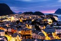 Aerial view of Alesund, Norway at sunset. Blue night sky over famous Royalty Free Stock Photo