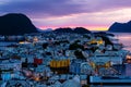 Aerial view of Alesund, Norway at sunset. Colorful night sky Royalty Free Stock Photo