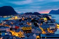 Aerial view of Alesund, Norway at sunset. Colorful night sky
