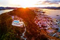 Aerial view of Alesund, Norway at sunset. Colorful sky over famous touristic destination Royalty Free Stock Photo