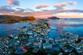 Aerial view of Alesund, Norway at sunset. Colorful sky over famous touristic destination Royalty Free Stock Photo