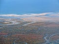 Aerial view of the beautiful Algarve coast, Parque natural Ria Formosa, in Portugal seen on a flight to Faro Royalty Free Stock Photo