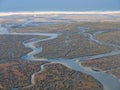 Aerial view of the beautiful Algarve coast, Parque natural Ria Formosa, in Portugal seen on a flight to Faro Royalty Free Stock Photo