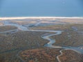 Aerial view of the beautiful Algarve coast, Parque natural Ria Formosa, in Portugal seen on a flight to Faro Royalty Free Stock Photo