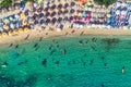 Aerial View of the Aliki Beach with colorful umbrellas, at Thassos island, Greece Royalty Free Stock Photo