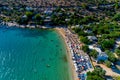 Aerial View of the Aliki Beach with colorful umbrellas, at Thassos island, Greece Royalty Free Stock Photo