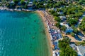 Aerial View of the Aliki Beach with colorful umbrellas, at Thassos island, Greece Royalty Free Stock Photo