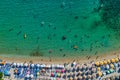 Aerial View of the Aliki Beach with colorful umbrellas, at Thassos island, Greece Royalty Free Stock Photo