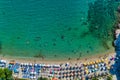 Aerial View of the Aliki Beach with colorful umbrellas, at Thassos island, Greece Royalty Free Stock Photo