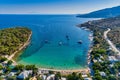 Aerial View of the Aliki Beach with colorful umbrellas, at Thassos island, Greece Royalty Free Stock Photo