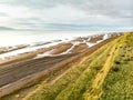 Aerial view of Allonby village beach in Allerdale district in Cumbria, UK