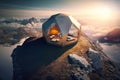 Aerial view of alone tent pitched on a top a mountain,