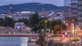 Aerial view along the Danube Canal in Vienna night to day timelapse before sunrise