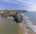 An aerial view along the length of the three cliffs in Three Cliffs Bay, Gower Peninsula, Swansea, South Wales Royalty Free Stock Photo