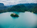 Aerial View of Alpine Lake Bled, Blejsko Jezero with the Church of the Assumption of Maria on an Island, Slovenia Royalty Free Stock Photo