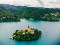 Aerial View of Alpine Lake Bled, Blejsko Jezero with the Church of the Assumption of Maria on an Island, Slovenia Royalty Free Stock Photo