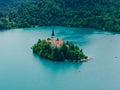 Aerial View of Alpine Lake Bled, Blejsko Jezero with the Church of the Assumption of Maria on an Island, Slovenia