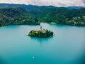 Aerial View of Alpine Lake Bled, Blejsko Jezero with the Church of the Assumption of Maria on an Island, Slovenia Royalty Free Stock Photo