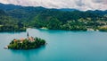 Aerial View of Alpine Lake Bled, Blejsko Jezero with the Church of the Assumption of Maria on an Island, Slovenia Royalty Free Stock Photo