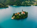 Aerial View of Alpine Lake Bled, Blejsko Jezero with the Church of the Assumption of Maria on an Island, Slovenia Royalty Free Stock Photo