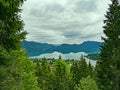 Aerial view of alpine lake Walchensee in landscape of Upper Bavaria, Bavaria, Germany