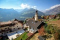 Aerial view of the alpine village of Stulles on a sunny autumn day. Stubai Alps, South Tyrol, Italy