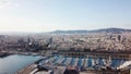 Aerial view of amazing boats at sunset. Stock. Top view from drone of harbor with yacht, motorboat and sailboat Royalty Free Stock Photo