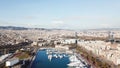 Aerial view of amazing boats at sunset. Stock. Top view from drone of harbor with yacht, motorboat and sailboat Royalty Free Stock Photo