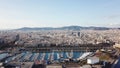 Aerial view of amazing boats at sunset. Stock. Top view from drone of harbor with yacht, motorboat and sailboat Royalty Free Stock Photo