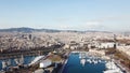 Aerial view of amazing boats at sunset. Stock. Top view from drone of harbor with yacht, motorboat and sailboat Royalty Free Stock Photo