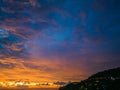 aerial panorama view amazing cloud with purple shadow in blue sky during beautiful sunset Royalty Free Stock Photo