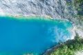 Aerial view of amazing pond in tropical rainforest forest with mountain rocks peak Beautiful water surface in Phang Nga Thailand