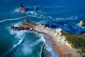 Aerial view of amazing rock formations on the Arnia beach, Spain