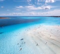 Aerial view of amazing sea coast. Top view of white sandy beach Royalty Free Stock Photo