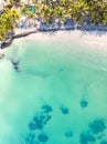 Aerial view of amazing tropical white sandy beach with palm leaves umbrellas and turquoise sea, Mauritius. Royalty Free Stock Photo