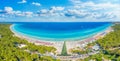 Aerial view with water and sandy beaches of Apulia, Salento coast, Italy