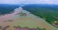 Aerial view amazing two colors in two rivers at three junctions in Khong Chiam Ubon Ratchathani Thailand