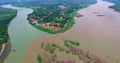 Aerial view amazing two colors in two rivers at three junctions in Khong Chiam Ubon Ratchathani Thailand